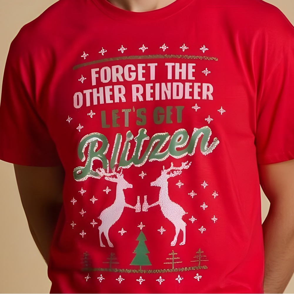 Men's Ugly Christmas T-shirt‎ "Let's Get Blitzen!" -- 2XL
